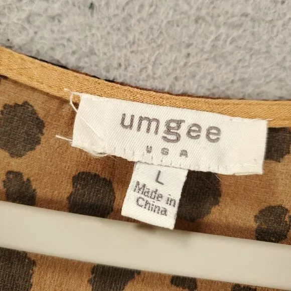 Umgee Blouse Womens Large Brown Linen Blend Raw Hem Cheetah Leopard Animal Print - Picture 5 of 10